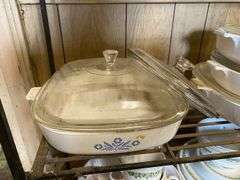 Vintage Pyrex bowls, Corning bakeware, and Corelle dinnerware