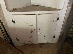 White corner cupboard w/ open top shelving, cupboard base