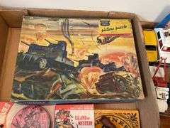 Collectibles lot: WWII puzzle, vintage Valentines, 8mm movies, vintage books including Batman & Little Big books