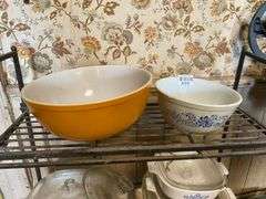Vintage Pyrex bowls, Corning bakeware, and Corelle dinnerware