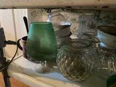 Vintage 3-tier utility cart and contents: vintage dishes and glassware, planters