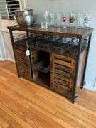 Metal and wood side cabinet w/ wire basket storage - no contents 39.5x14x32