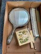 Silverplated hand mirror and comb, celluloid vanity tools, box w/ lambs on top, folding fan
