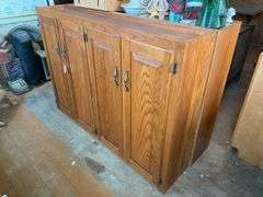 Oak finish base and top cabinets 36x18x24, 43x24x34.5, (2) 60x12x42, 18x12x42, 14x12x42, 30x12x36, 23.5x23.5x42, 54x24x35 - no contents
