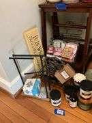 Wooden step stool, jar candles, wall plaque, decor items