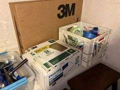 Ceramic tiles, wood bracket shelf, bungee cords, paint rollers, tape, misc