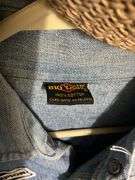 Denim shirt w/ patches, and straw cap