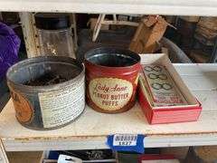 Advertising tins w/ hardware and Pepsi caps, misc