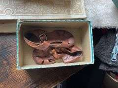 Vintage baby clothes, child’s coat, clothing and shoes, scrapbook