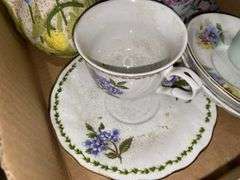 Floral decorated china cups & saucers, ceramic pitcher