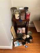 Wooden step stool, jar candles, wall plaque, decor items