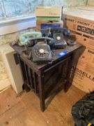 Arts & Crafts telephone stand and contents: vintage telephones including color and boxes 20x18x28
