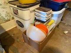 Garment rack, plasticware, tins, curtain rods, buckets, misc