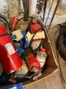 Two Craftsman shop vacs, fire extinguishers, package tape handle