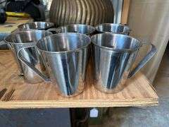Copper jug, handled brass vase, metal cups set
