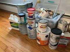 New paint brushes, scraper, paints, painting supplies