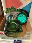 Vintage beanbag ashtrays in packages, green glass ashtrays
