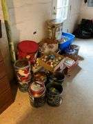 Christmas ornaments and decor, light strings, decorative tins