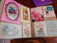 Scrapbook of vintage greeting cards, trade cards in album and box, Sierra Club Grand Canyon prints