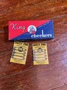 Vintage clothing patches, puzzles, safety pins, checkers set