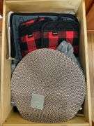Contents of four drawers and one cupboard: coasters, baking pans, gadgets, hot pads, rolling pin, misc