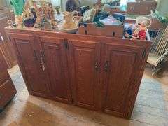 Oak finish base and top cabinets 36x18x24, 43x24x34.5, (2) 60x12x42, 18x12x42, 14x12x42, 30x12x36, 23.5x23.5x42, 54x24x35 - no contents