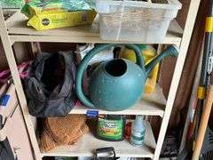 Shelf unit w/ lawn/garden supply contents, tool bag, folding chairs