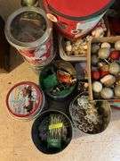 Christmas ornaments and decor, light strings, decorative tins