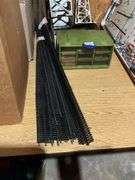 Train tower, bridge, track, parts drawer cabinet w/ contents
