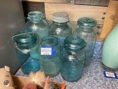 Blue glass canning jars, some w/ glass clamp tops