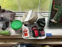 Floor lot and contents of windowsill: level, hand tools, painting supplies, laser level, misc