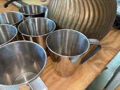 Copper jug, handled brass vase, metal cups set