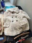 Vintage baby clothes, child’s coat, clothing and shoes, scrapbook