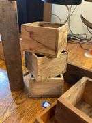 Wood and iron bracket shelf, and various wooden boxes