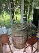 Barrel base round glass top table and four stools 48x48x36
