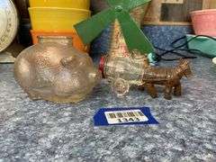 Glass piggy bank and four figural glass candy containers - note damage to barrel wagon