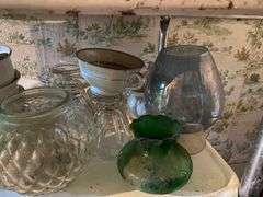 Vintage 3-tier utility cart and contents: vintage dishes and glassware, planters