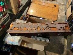 Wooden bracket shelves, metal horse cutouts