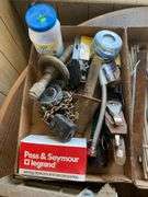 Miter box, hand saws, large lot of hand and power tools, hardware
