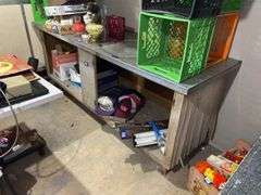 Stainless steel top counter on workbench - no contents, ***MUST COME DURING LAST 2 HOURS OF PICKUP FOR THIS ITEM.