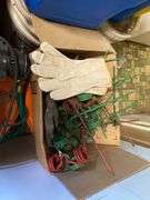 Yard blower in box, plastic kerosene can, antifreeze, motor oil, work gloves, misc