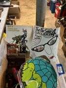 Underdog Halloween mask, toy helicopter, tin sand shovel, Far Side 4 book, misc toys