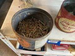 Advertising tins w/ hardware and Pepsi caps, misc