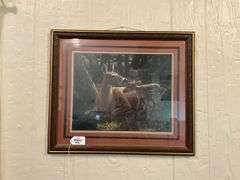 CS Forest print, doe and fawn, framed 23x27
