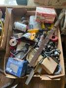 Miter box, hand saws, large lot of hand and power tools, hardware