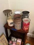 Wooden step stool, jar candles, wall plaque, decor items