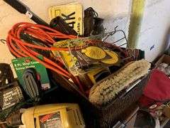 Black & Decker drill, drill bits, trouble light, scrub brush, basket, misc