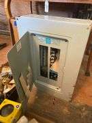 Electric panel box, vintage porcelain bathroom accessories, light bulbs, misc