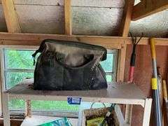 Shelf unit w/ lawn/garden supply contents, tool bag, folding chairs