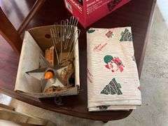 Vintage electric Christmas star, Nativity set w/ stable and box, wire glove stretchers, vinyl tablecloth
